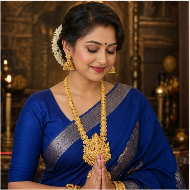 Temple Necklace jewellery worn by a Bengali model