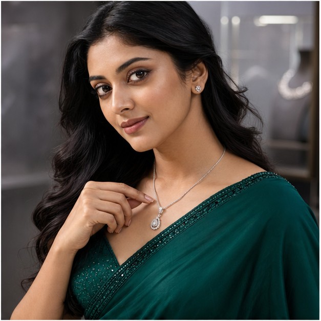 Diamond Pendant jewellery worn by a Bengali model