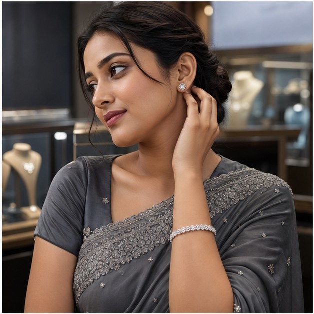 Diamond Ear Studs jewellery worn by a Bengali model