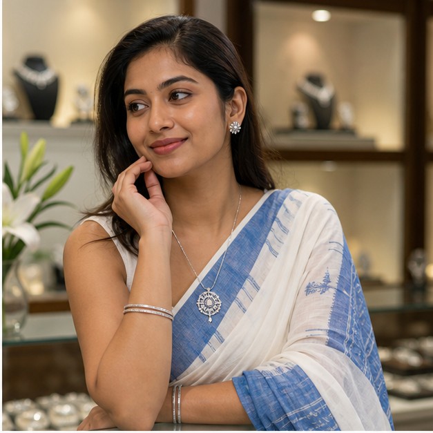 Silver Daily Wear jewellery worn by a Bengali model