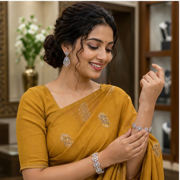 Silver Gift Edit jewellery worn by a Bengali model