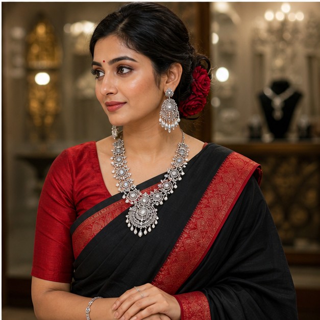 Silver Occasion Pieces jewellery worn by a Bengali model